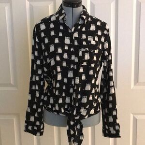 Love Notes Black and White Cat Print Blouse Size L